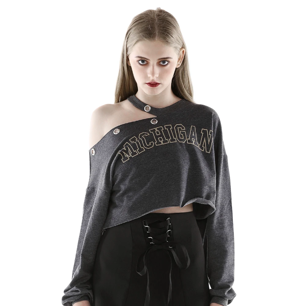 

Punk Off Shoulder T Shirt Women Sexy Hole Letter Casual T-shirt Tops Long Sleeve Gray Cotton Crop Top