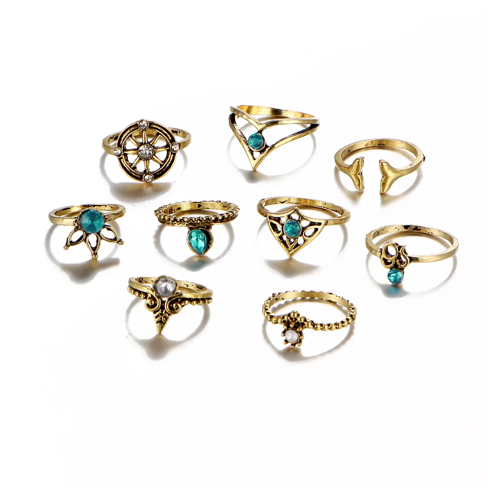 9 Style Vintage Knuckle Rings for Women Boho Geometric Flower Crystal Ring Set Bohemian Midi Finger Jewelry Bague Femme | Украшения и