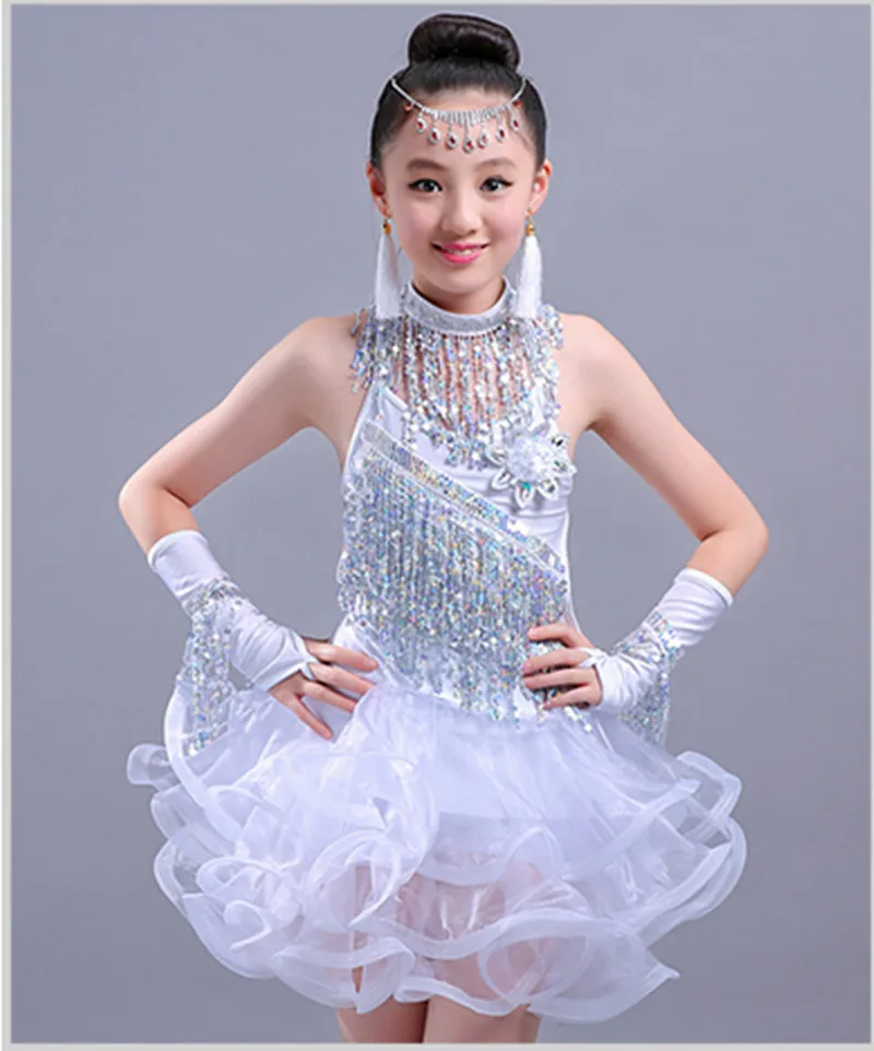 

2017 fashion girls latin fringe dress white/red/blue/rose 4 colors sleeveless latin dance dress children samba Rumba skirts