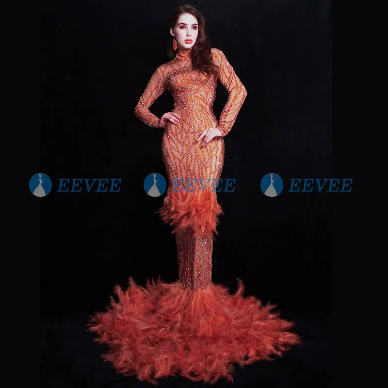 

Female Sparkly rhinestone dress Red Feathers Trailing Dress Nightclub Party Stage Costume Bar Prom drag queen long dress