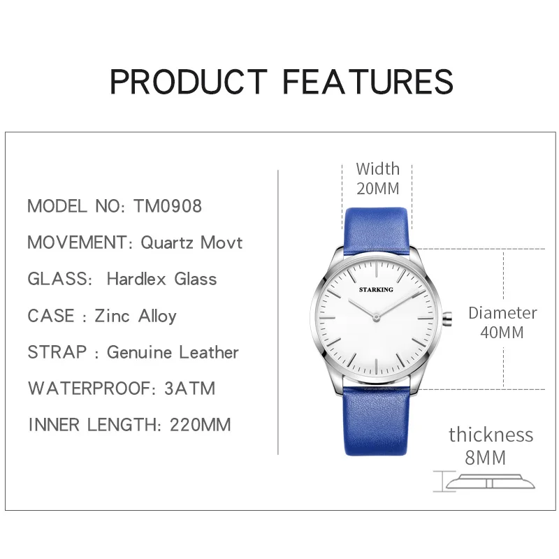

STARKING Brand Analog Watch Fashion Casual Blue Men Watch Waterproof Leather Quartz Relogio Masculino Simple China Wrist Watch