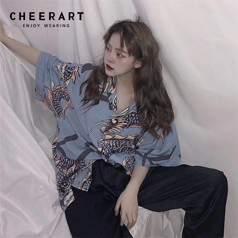 Длинное японское кимоно Cheerart женская летняя блузка с треугольным вырезом синяя