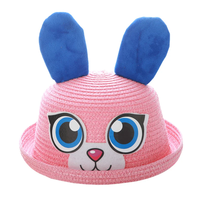 pink rabbit Детские шляпы, летние Панамы для девочек, милые соломенные кепки с рисунком котенка для мальчиков, детские шляпы в стиле хип-хоп с изображением милого медведя для девочек - Цвет: pink rabbit