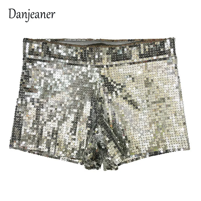 Женские шорты с блестками DANJEANER эластичные высокой талией серебристые черные