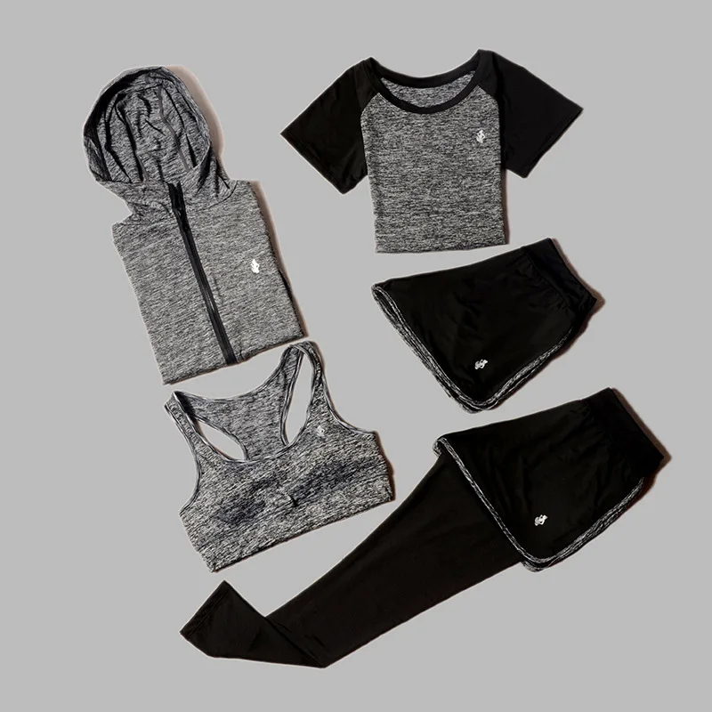 5-piece set - gray-2 Комплект из 5 предметов, Йога для женщин, одежда, бюстгальтер для выступлений, фитнес-спорт, женская футболка для фитнеса, одежда, тренировочный комплект, спортивный костюм - Цвет: 5-piece set - gray-2