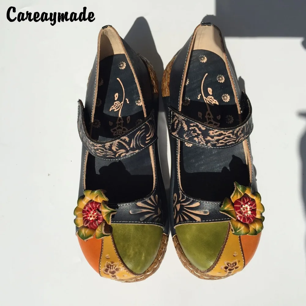 Careaymade-народном стиле сделанная полностью вручную из воловьей кожи с накладкой спереди Туфли с резным украшением, художественная обувь в стиле ретро «MORI GIRL», женские повседневные сандалии, 0933-31