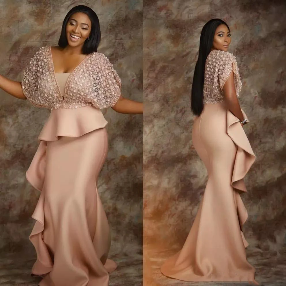 

Pearl Pink Lace Mermaid Evening Dresses 2019 African Saudi Arabia Formal Dress Women Sheath Prom Gowns Celebrity Robe De Soiree