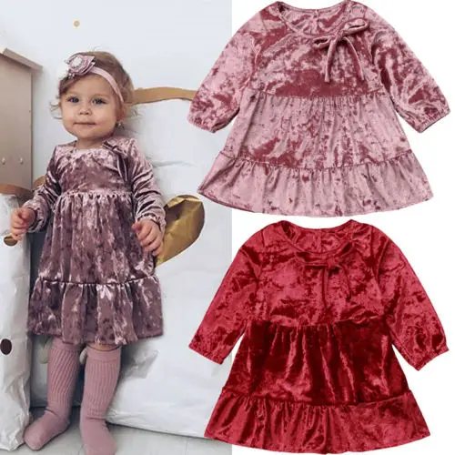 New Xmas Toddler Girl Velvet Dress Cute Kid Baby Long Sleeve Party Children Pageant Gown Christmas Clothes | Детская одежда и