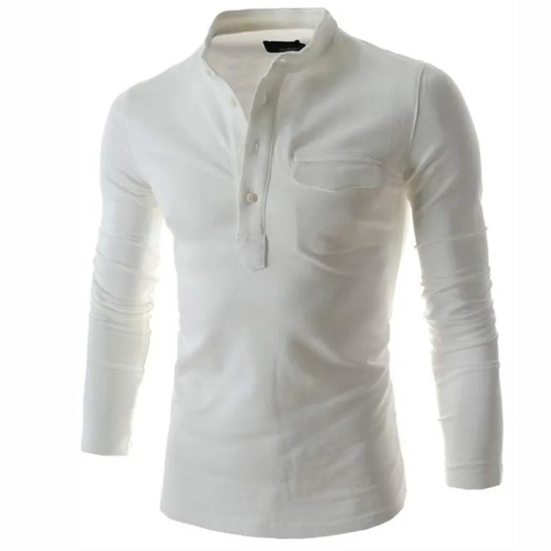 New Design Solid Color Polo Shirt Men 2019 Fashion Stand Collar Gray Long Sleeve Casual False Pocket Henley Man | Мужская одежда