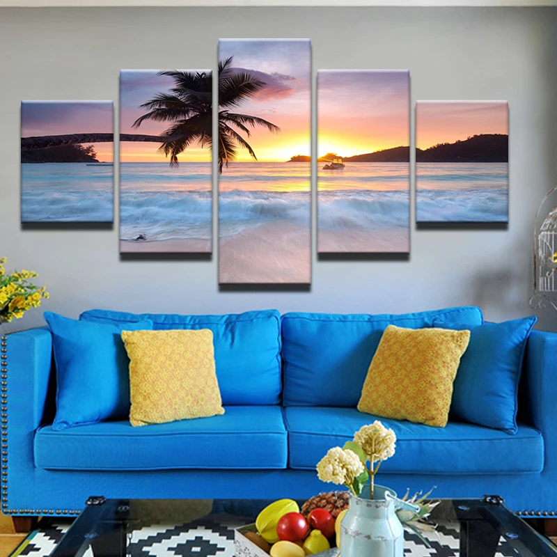 5 Pieces Canvas Art Landscape Painting Beach Wall Pictures for Living Room Home Decor No Frame | Дом и сад