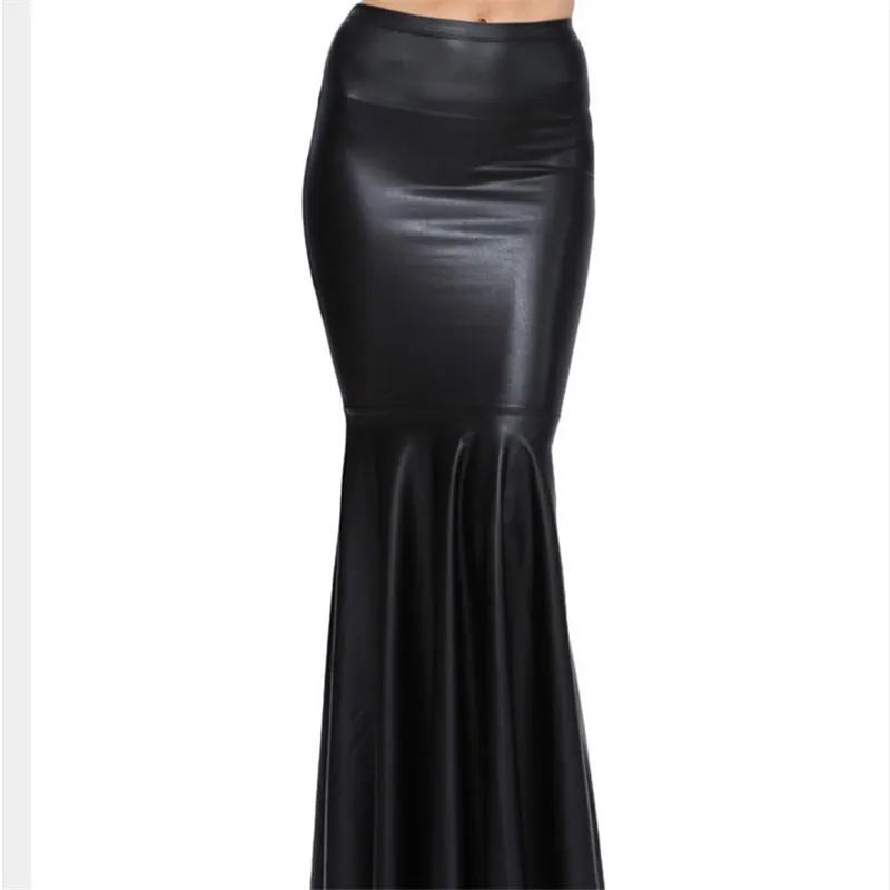 Новинка 2016 женские длинные черные юбки из искусственной кожи с высокой талией и