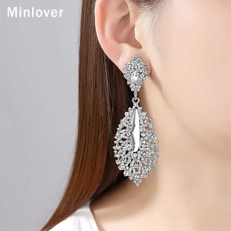 Женские серьги для невесты Minlover Серебристые с листом из горного хрусталя модные