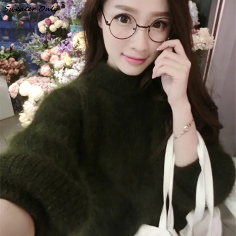 Женский мохеровый свитер Свободный пуловер с рукавами-фонариками воротником до