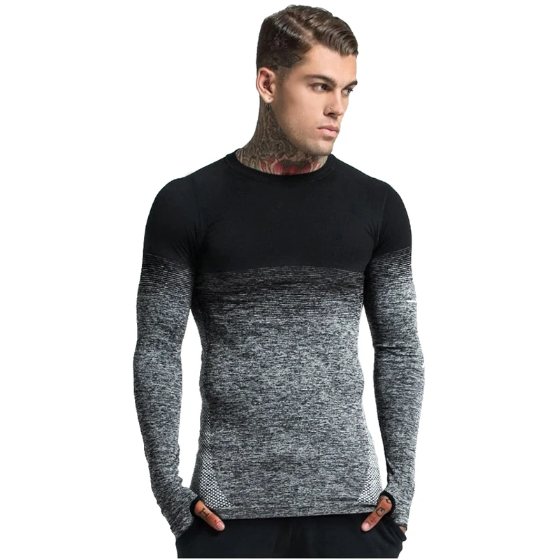 T Shirt Men Casual Fashion Long Sleeve Slim Fit Gradient Color O-Neck Summer Male Tee Tops EU Size M-3XL | Мужская одежда