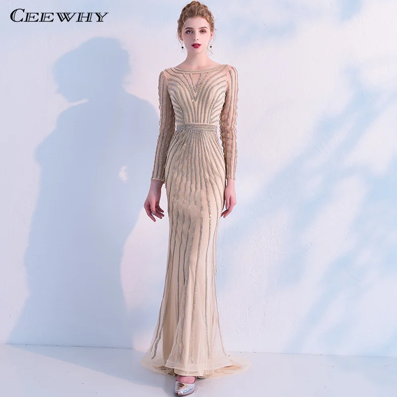 CEEWHY Robe Soiree Дубай роскошное вечернее платье с длинным рукавом бисером русалка