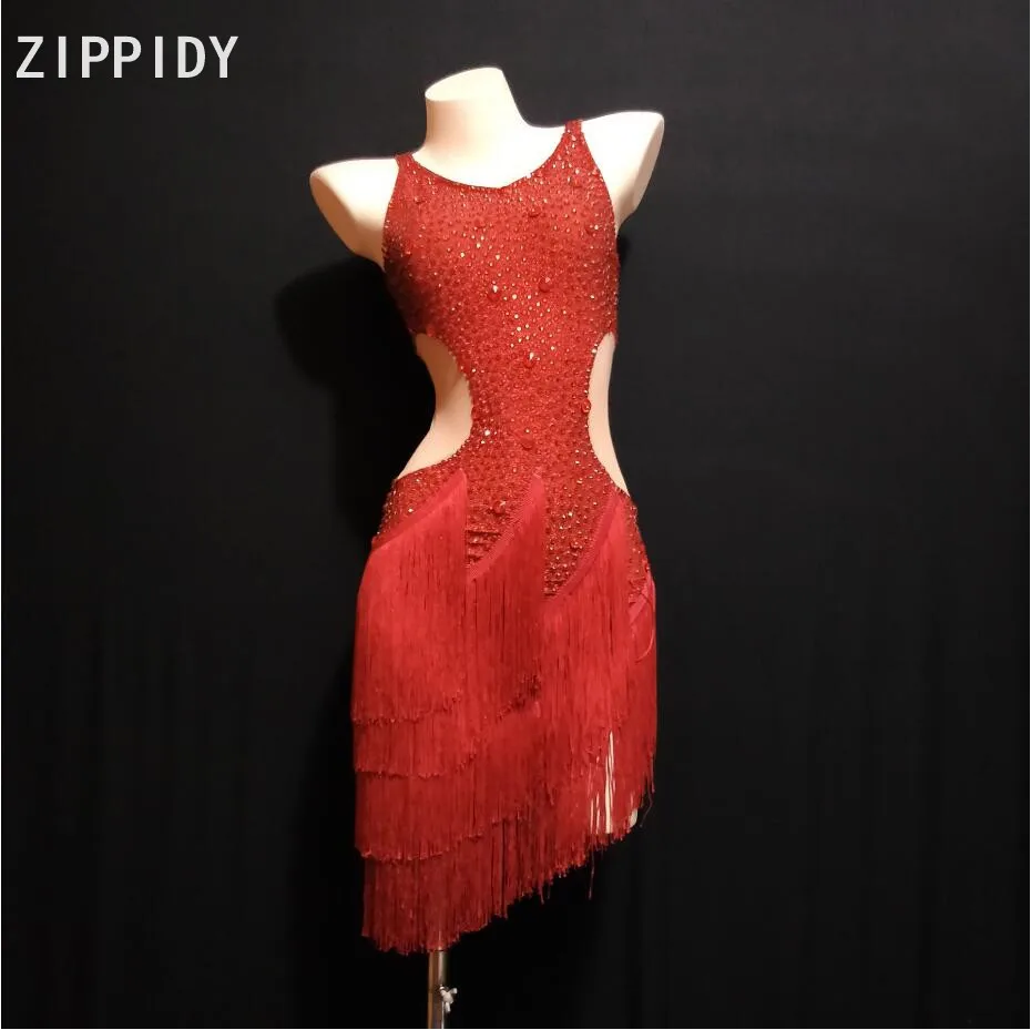 

Full Red Rhinestones Tassels Sleeveless Dress Prom Party DJ Female Singer Dancer Clothes Women's Birthday Celebrate Dress