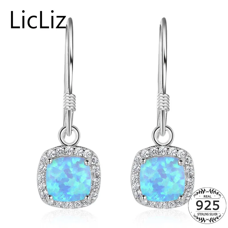 

LicLiz 925 Sterling Silver Square Dangle Earrings For Women Blue Opal Drops Earings Zirconia CZ Pierced Ear Hook Earring LE0299