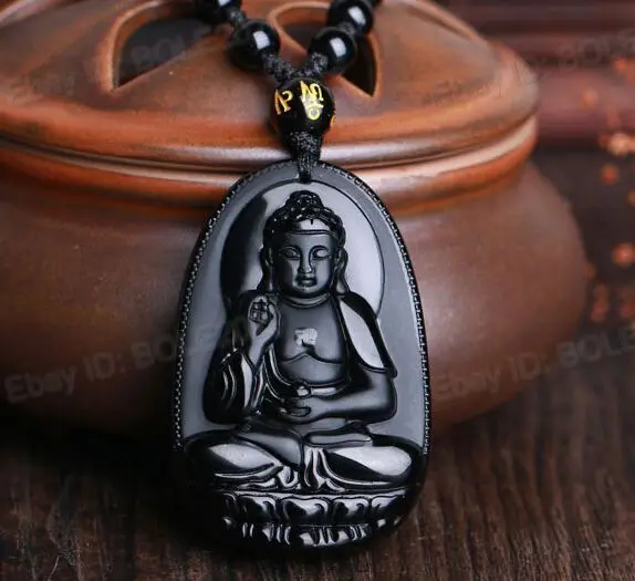 free shipping Chinese Natural Black Obsidian Carved Buddha Lucky Amulet Pendants + Necklace | Украшения и аксессуары
