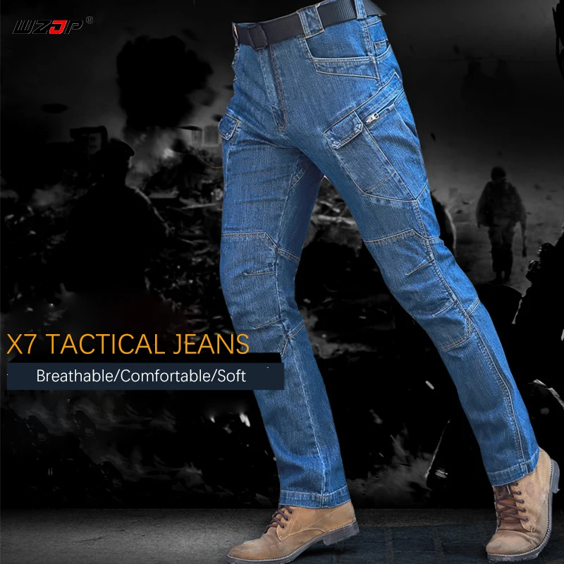 WZJP мужские тактические джинсовые брюки эластичные джинсы удобные длинные с