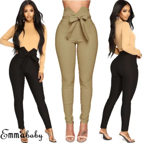 

Fashion Women Slim Skinny Pants High Waist Stretch Long Pencil Trousers Lace-up Pants