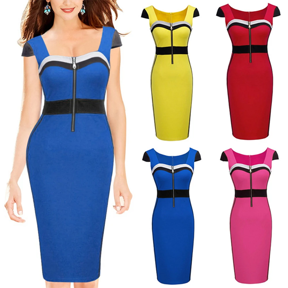 

Elegant Women Sexy dresses Square Collar Stitching Short sleeve Casual dress Summer Female Office Knee Bodycon dress vestido 613