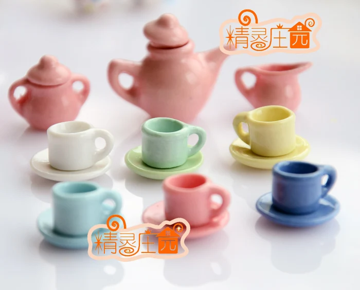 

Mini dollhouse Rainbow colorful ceramic mini furniture accessories ceramic tea set of 15 beautiful