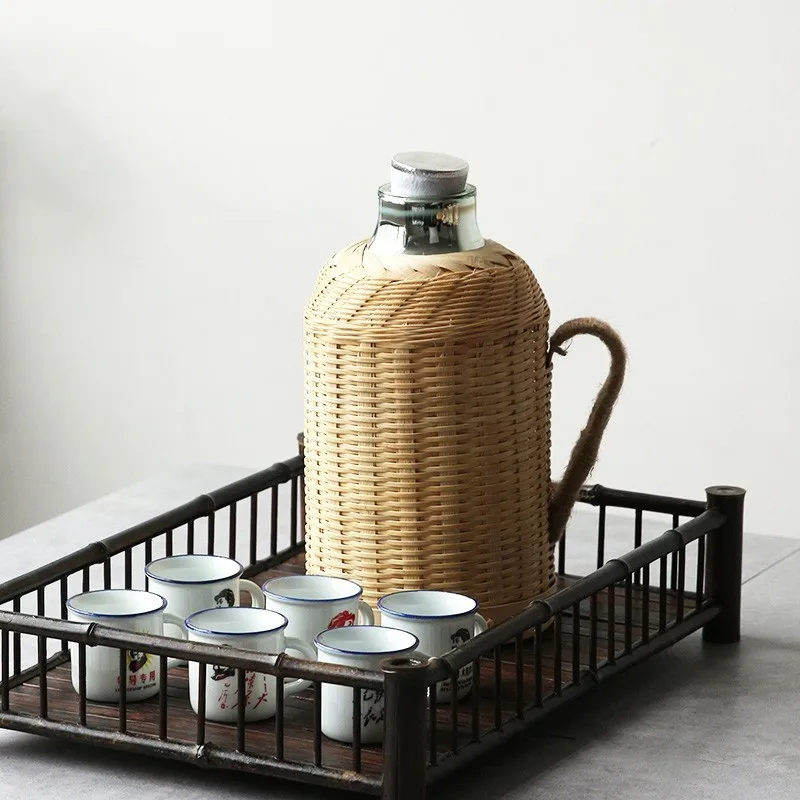 Handmade Bamboo Weaving Thermos Pot Bottle For Water With Cork Lid Cover And Handgrip Vacuum Flask Keep Warm Glass Inner Large