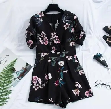 short sleeve black Женские комбинезоны с v-образным вырезом и рукавом-фонариком, женские винтажные весенне-летние широкие шорты, имитация сатина, комбинезоны TB687 - Цвет: short sleeve black