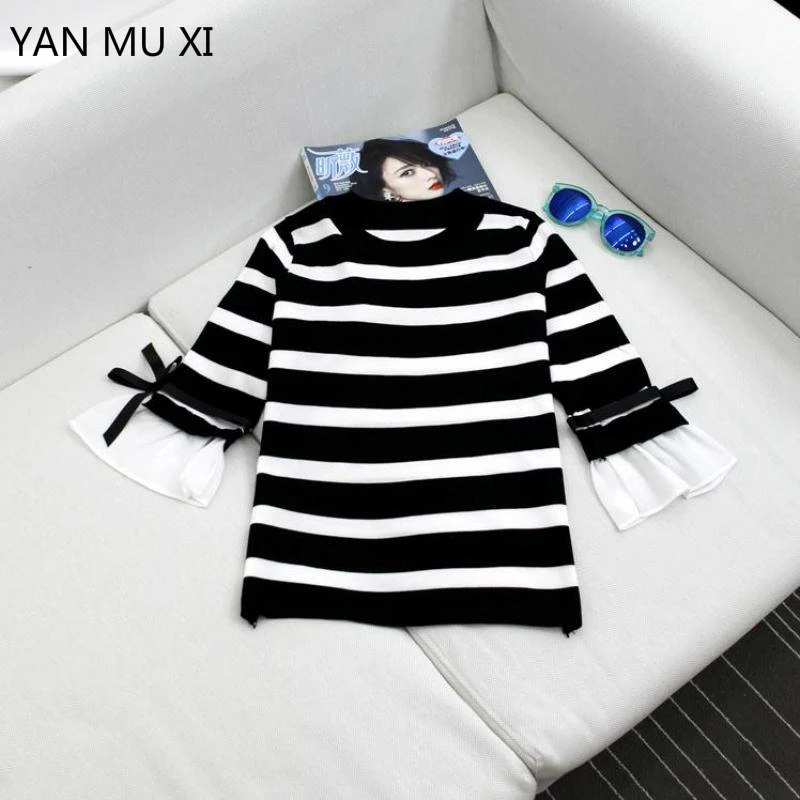YAN MU XI 2017 Spring And Autumn New Ladies Thin Section Pullover Sweater Fashion Striped Speaker Sleeve Bowknot | Женская одежда