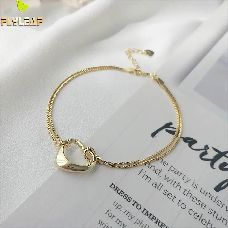 

Flyleaf 18k Gold Heart Shape Double Layer Real 925 Sterling Silver Bracelets For Women Fashion Fine Jewelry Bracelets & Bangles