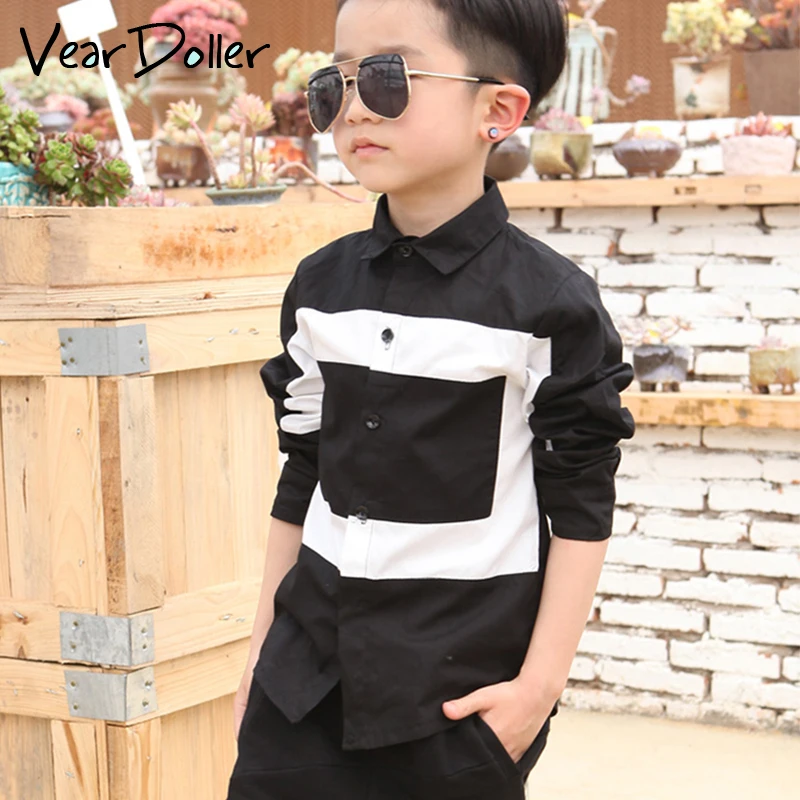 

VearDoller Casual Children's Tops Summer Autumn Long Sleeve Cotton Kids Shirts Black White Patchwork Boys Shirts 2-8Years