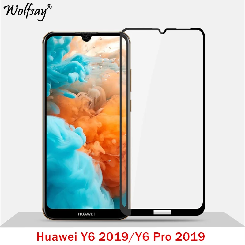 Cubierta completa de vidrio templado para Huawei Y6 2019, Protector de pantalla de vidrio de seguridad con pegamento completo para Huawei Y6 2019, vidrio de tel&eacute;fono Y6 Pro 2019-0