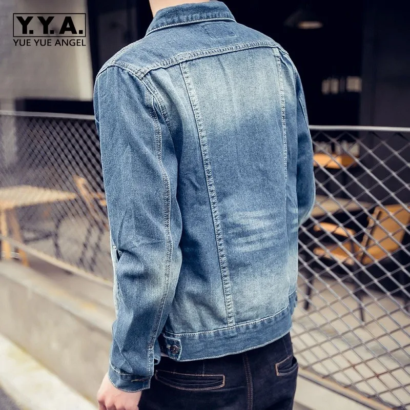 Мужская джинсовая куртка с воротником стойкой повседневная приталенная синяя