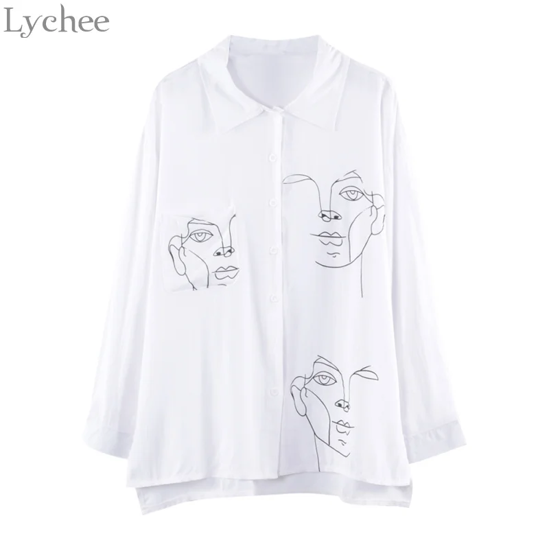 Женская блузка Lychee с принтом лица Повседневная Свободная рубашка длинным