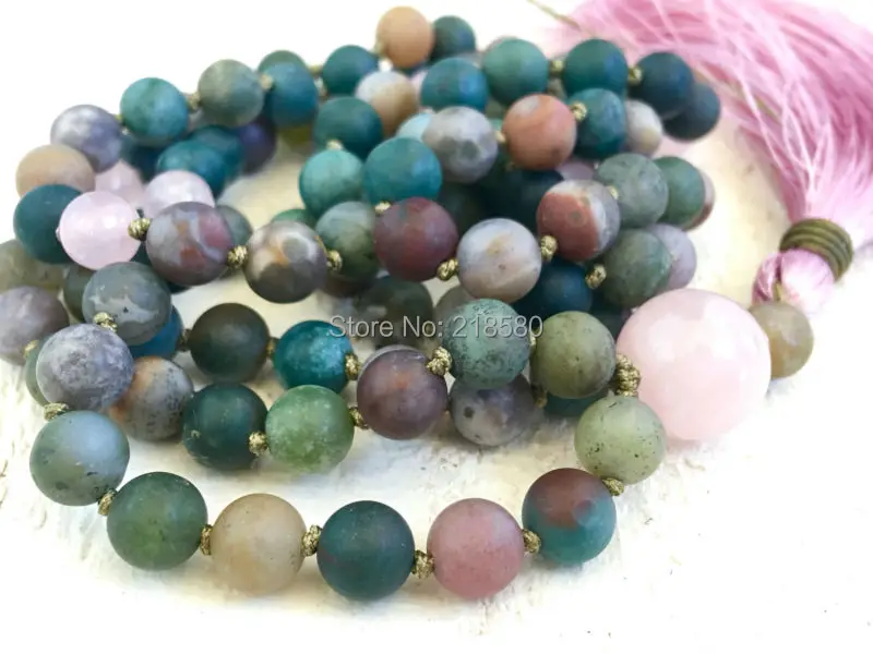 

M60624084 Knotted India Agates Beads Necklace Pink Silk Tassel