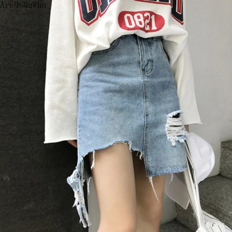 Женская джинсовая юбка с высокой талией AreMoMuWha тонкая пачка дырками посылка в