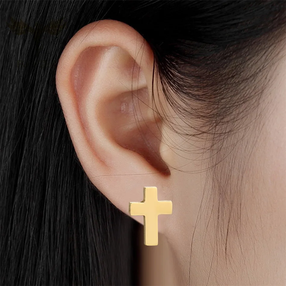 FGifter Wholesale Christ Cross Earrings Lots Stainless Steel Stud Jewelry Earring Small Women Men Kids Children Gifts 12 Pairs