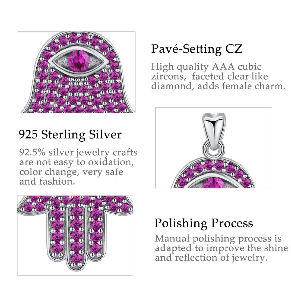EUDORA 925 Sterling Silver Hamsa Hand Pendant Necklace Good Luck Purple CZ Charm Fine Jewelry Girl Birthday Surprise Gift D389 | Украшения