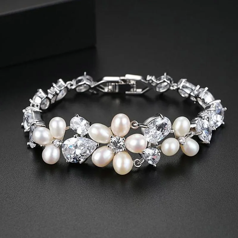 Aitunan Romantic Silver Color CZ Zircon Natural Freshwater Pearl Bracelet Flower Crystal Bracelets For Women Rice Jewelry | Украшения и
