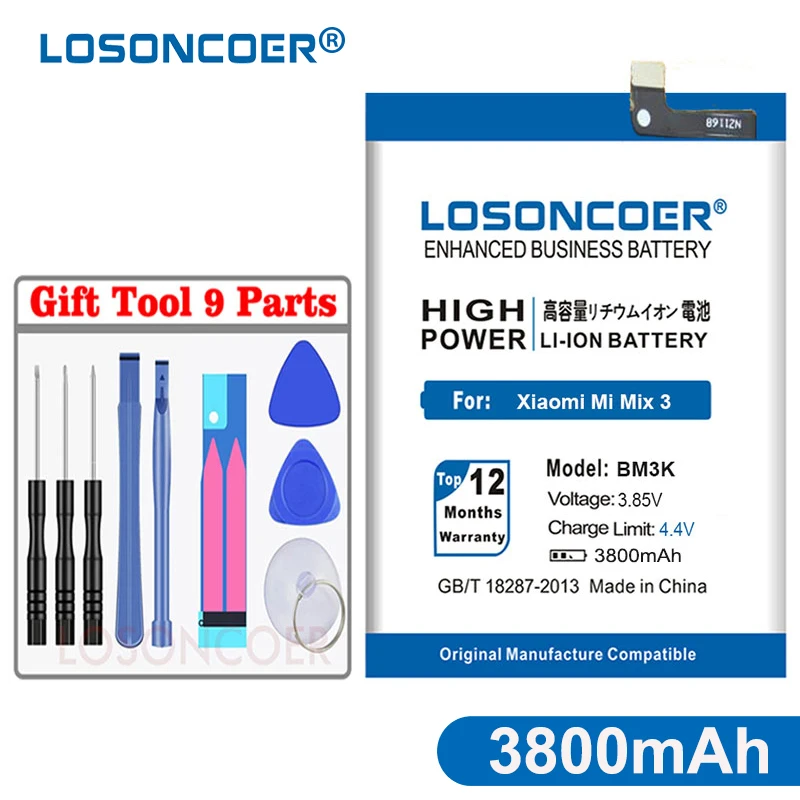 LOSONCOER 3800mAh BM3K Battery Mobile Phone Battery For XiaoMi Mi Mix 3 Batteries Cell Phone Battery+Tools