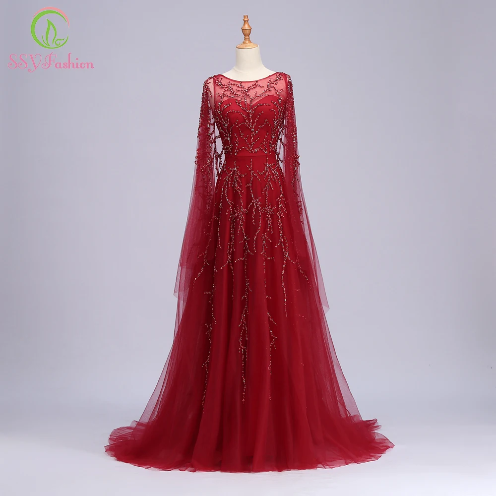SSYFashion, новое роскошное вечернее платье для банкета, высококачественное, винно-красное, расшитое блестками, с коротким шлейфом, вечернее платье для выпускного вечера, Robe De Soiree