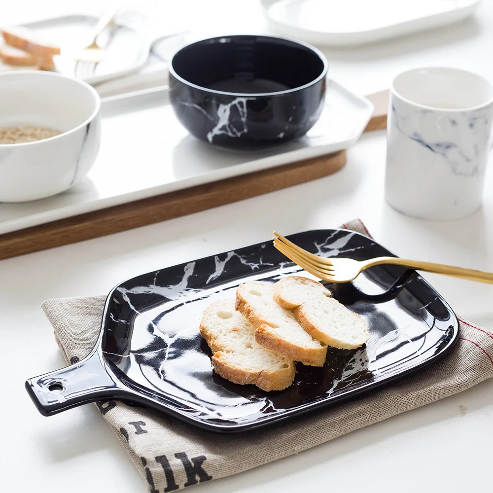 Marble pattern rectangular round porcelain platter ceramic dinner plate with handle | Дом и сад