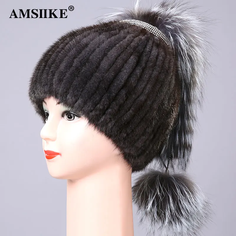 AMSIIKE Норковая шапка с оригинальным понпоном из чернобурки DM2041 | Аксессуары для