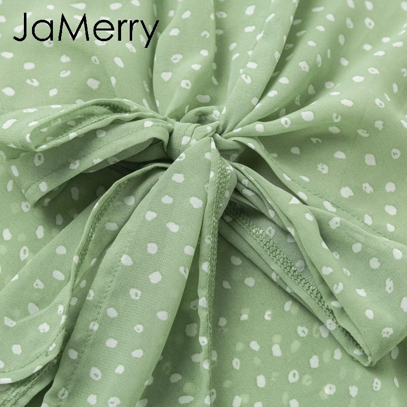 JaMerry, винтажная зеленая женская шифоновая блузка в горошек, рубашка с галстуком-бабочкой, топы с высокой талией и баской, Женские топы с пышными рукавами, блузка, рубашка