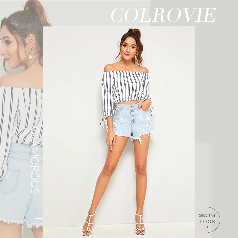 COLROVIE черно-белая полосатая Повседневная Блузка с открытыми плечами и манжетами, женская рубашка, короткий топ, летние корейские женские блузки