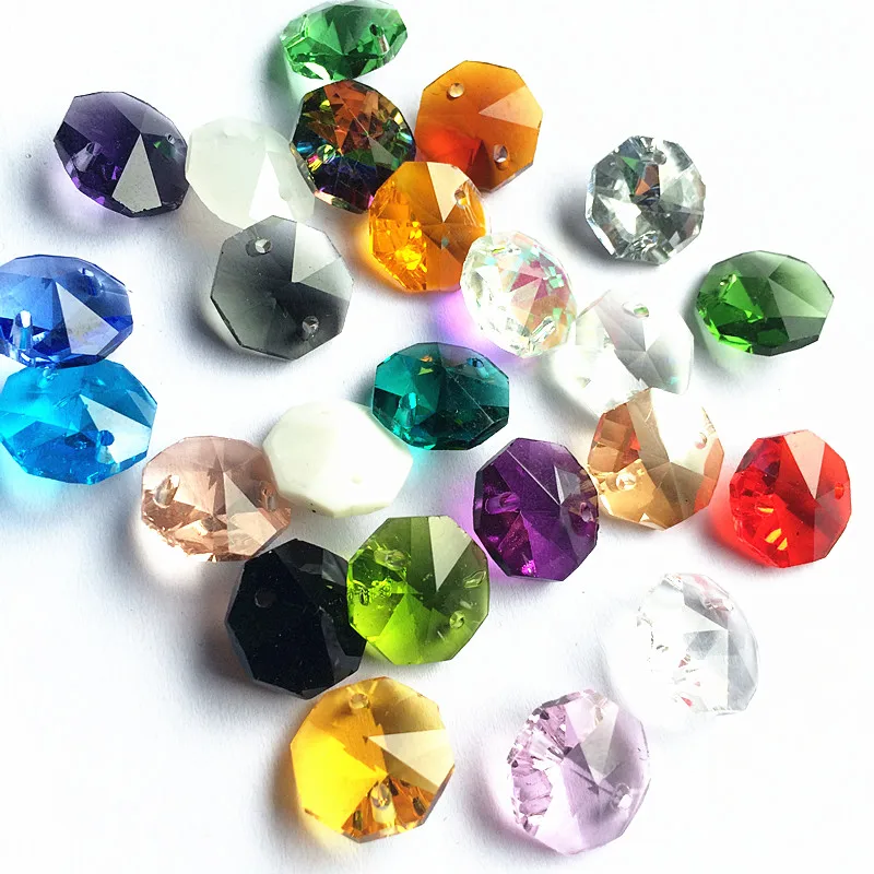 1000pcs mixed colors Crystal Octagon Glass Loose Beads In 2 Holes Lighting Prism Pendant Octagon Beads For curtain accessories