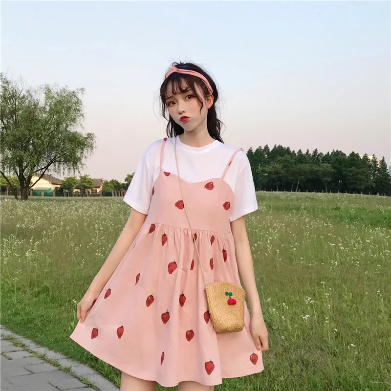 Новые летние милые платья в японском стиле для женщин, Kawaii, клубничный принт, короткий рукав, поддельные два предмета, платье для девочек, милое платьице