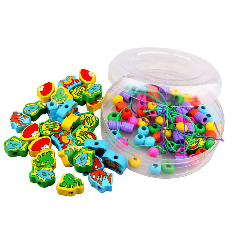 Marine life beads 90 шт Строительные блоки в форме животных, деревянные DIY бусины, игрушка 4 стиля, насекомое, цифровая фруктовая модель, деревянные большие бусины, детские игрушки - Цвет: Marine life beads