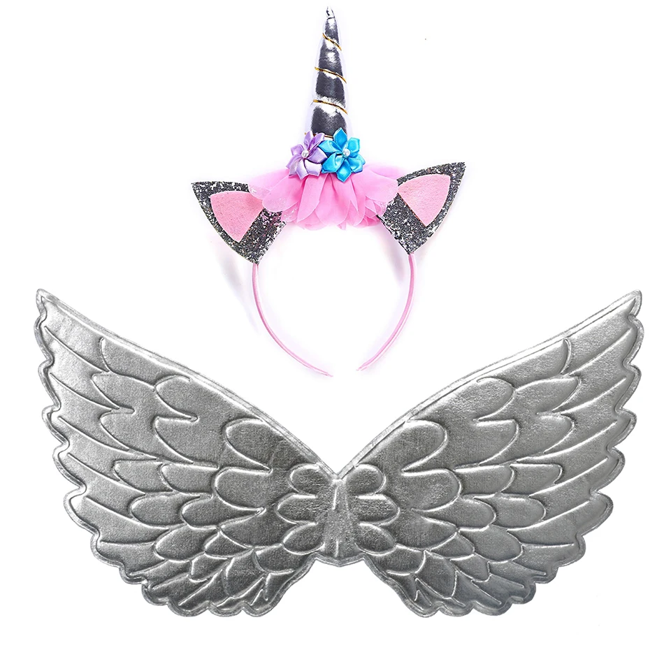 Silver Acc 2pcs Нарядный костюм единорога для девочек; бальное платье на Хэллоуин; карнавальный костюм принцессы для детей на день рождения; Карнавальные парики с единорогом; аксессуары; нарядные платья - Цвет: Silver Acc 2pcs