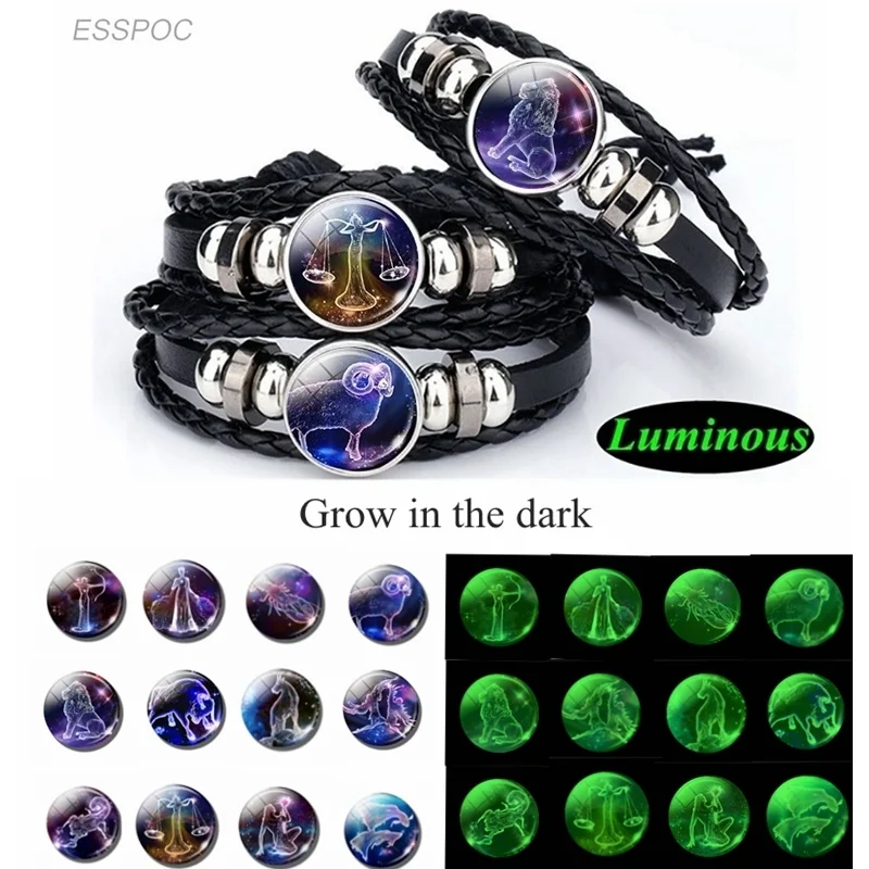 12 Constellation Bracelet Charms Zodiac Sign Glass Cabochon Punk Jewelry Black Multilayer Leather Women Men Gift | Украшения и